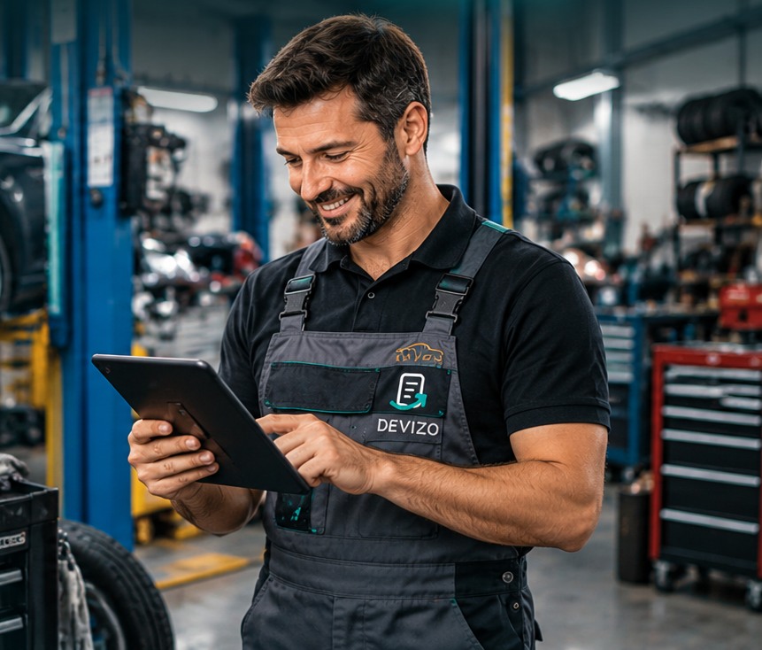 Professionnel debout dans son garage automobile, souriant et utilisant une tablette